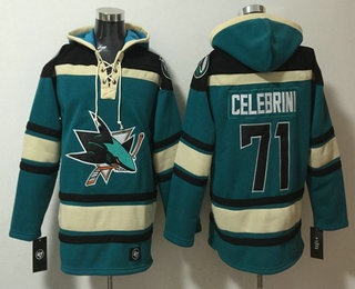 Men's San Jose Sharks #71 Macklin Celebrini Teal Lace Up Pullover Hoodie