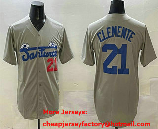 Men's Santurce Crabbers #21 Roberto Clemente Grey Cool Base Stitched Baseball Jersey