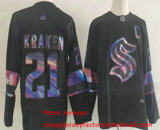 Men's Seattle Kraken #21 Kraken Black Iridescent Holographic Authentic Jersey