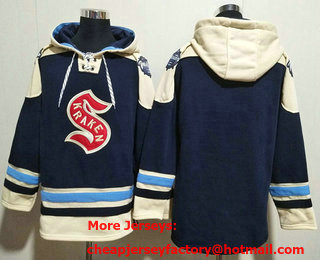 Men's Seattle Kraken Blank Navy Blue Lace Up Pullover Hoodie