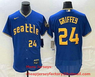 Men's Seattle Mariners #24 Ken Griffey Number Blue 2023 City Connect Flex Base Stitched Jersey 02