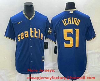 Men's Seattle Mariners #51 Ichiro Suzuki Blue 2023 City Connect Cool Base Stitched Jersey