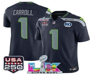 Men's Seattle Seahawks #1 Pete Carroll Navy FUSE Super Bowl LX 50th USA 250 Patch Vapor Limited Jersey