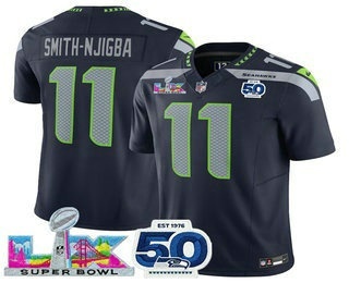 Men's Seattle Seahawks #11 Jaxon Smith-Njigba Limited Navy Super Bowl LX Patch And 50TH FUSE Vapor Jersey
