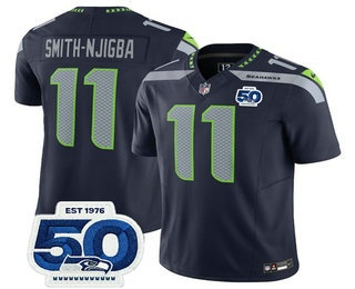 Men's Seattle Seahawks #11 Jaxon Smith Njigba Navy 2025 FUSE 50th Patch Vapor Limited Stitched Jersey