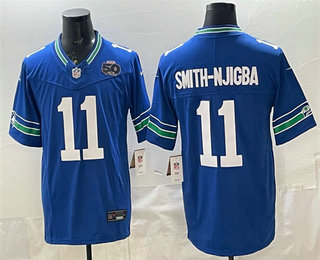 Men's Seattle Seahawks #11 Jaxon Smith Njigba Royal FUSE 50th Season Patch Throwback Vapor Limited Stitched Jersey