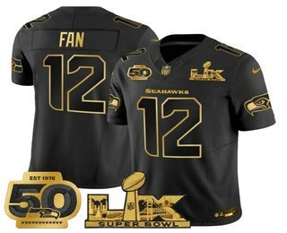Men's Seattle Seahawks #12 Fan Black Gold Super Bowl LX 50th Patch FUSE Limited Jersey