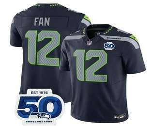 Men's Seattle Seahawks #12 Fan Navy 2025 FUSE 50th Patch Vapor Limited Stitched Jersey