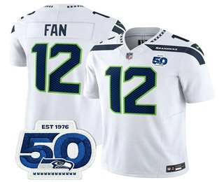 Men's Seattle Seahawks #12 Fan White 2025 FUSE 50th Patch Vapor Limited Stitched Jersey