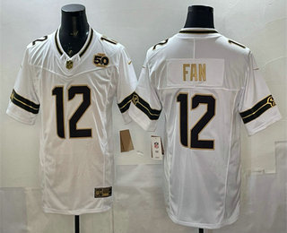 Men's Seattle Seahawks #12 Fan White Gold 2025 FUSE 50th Season Patch Limited Stitched Jersey
