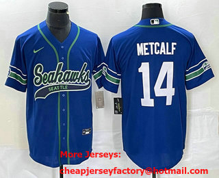 Men's Seattle Seahawks #14 DK Metcalf Blue With Patch Cool Base Stitched Baseball Jersey