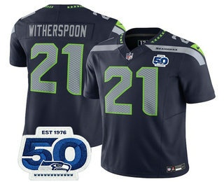 Men's Seattle Seahawks #21 Devon Witherspoon Navy 2025 FUSE 50th Patch Vapor Limited Stitched Jersey