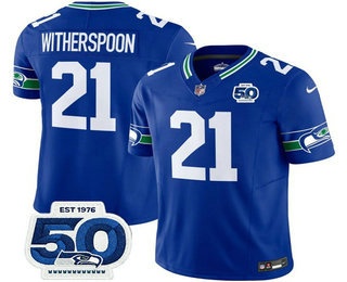 Men's Seattle Seahawks #21 Devon Witherspoon Royal 2025 FUSE 50th Patch Throwback Vapor Limited Stitched Jersey