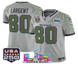 Men's Seattle Seahawks #80 Steve Largent Gray FUSE Super Bowl LX US 250th 50th Patch Rivalries Vapor Limited Jersey