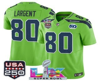 Men's Seattle Seahawks #80 Steve Largent Green FUSE Super Bowl LX 50th USA 250 Patch Vapor Limited Jersey