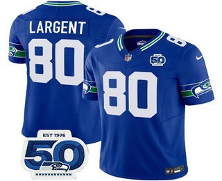 Men's Seattle Seahawks #80 Steve Largent Royal 2025 FUSE 50th Patch Throwback Vapor Limited Stitched Jersey