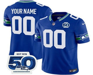 Men's Seattle Seahawks Active Player Custom Royal 2025 FUSE 50th Patch Throwback Vapor Limited Stitched Jersey