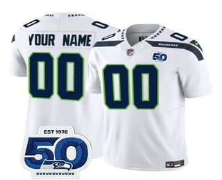 Men's Seattle Seahawks Active Player Custom White 2025 FUSE 50th Patch Vapor Limited Stitched Jersey