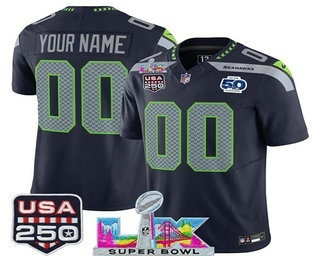 Men's Seattle Seahawks Custom Navy 2025 FUSE Super Bowl LX Patch 50th USA 250 Patch Vapor Limited Jersey