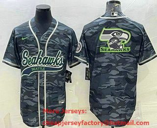 Men's Seattle Seahawks Grey Camo Team Big Logo With Patch Cool Base Stitched Baseball Jersey