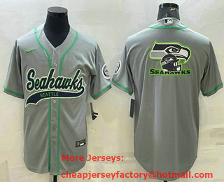 Men's Seattle Seahawks Grey Team Big Logo With Patch Cool Base Stitched Baseball Jersey