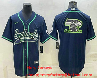 Men's Seattle Seahawks Navy Team Big Logo With Patch Cool Base Stitched Baseball Jersey
