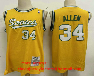 Men's Seattle Supersonics #34 Ray Allen Yellow Hardwood Classics Soul Swingman Throwback Jersey