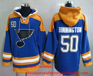 Men's St Louis Blues #50 Jordan Binnington Blue Ageless Must Have Lace Up Pullover Hoodie