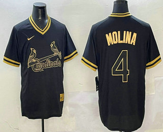 Men's St Louis Cardinals #4 Yadier Molina Black Gold Nike Cooperstown Legend V Neck Jersey