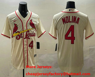 Men's St Louis Cardinals #4 Yadier Molina Number Cream Stitched Cool Base Nike Jersey