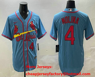 Men's St Louis Cardinals #4 Yadier Molina Number Light Blue Stitched Cool Base Nike Jersey
