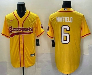Men's Tampa Bay Buccaneers #6 Baker Mayfield Yellow Cool Base Stitched Baseball Jersey