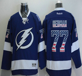 Men's Tampa Bay Lightning #77 Victor Hedman USA Flag Fashion Blue Jersey