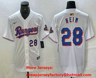 Men's Texas Rangers #28 Jonah Heim Number White 2023 World Series Champions Cool Base Jersey 12