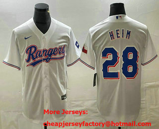 Men's Texas Rangers #28 Jonah Heim White Team Logo Cool Base Jersey