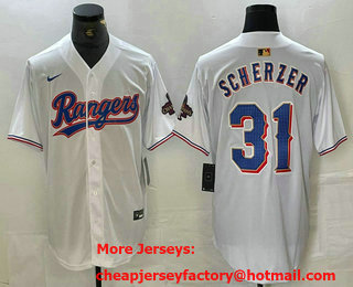Men's Texas Rangers #31 Max Scherzer White 2023 World Series Champions Cool Base Jersey 11