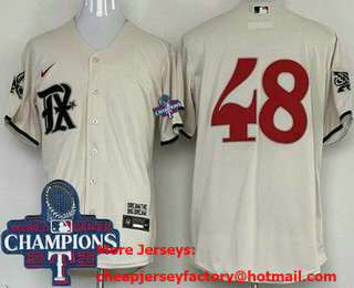 Men's Texas Rangers #48 Jacob deGrom Cream City 2023 World Series Champions Cool Base Jersey