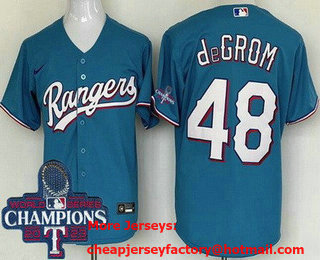 Men's Texas Rangers #48 Jacob deGrom Light Blue 2023 World Series Champions Cool Base Jersey