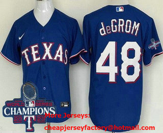 Men's Texas Rangers #48 Jacob deGrom Royal 2023 World Series Champions Cool Base Jersey