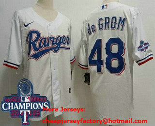 Men's Texas Rangers #48 Jacob deGrom White Team Logo 2023 World Series Champions Cool Base Jersey