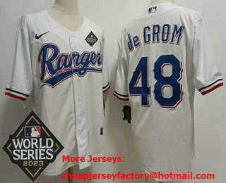 Men's Texas Rangers #48 Jacob deGrom White Team Logo 2023 World Series Cool Base Jersey