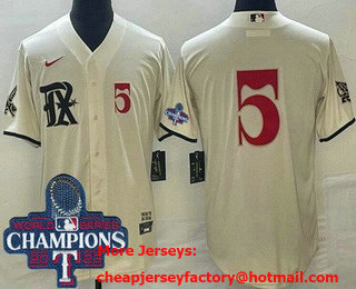 Men's Texas Rangers #5 Corey Seager Cream City Player Number 2023 World Series Champions Cool Base Jersey