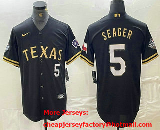 Men's Texas Rangers #5 Corey Seager Number Black Gold Cool Base Stitched Baseball Jersey
