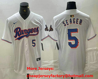 Men's Texas Rangers #5 Corey Seager Number White 2024 Gold Collection Limited Cool Base Jersey