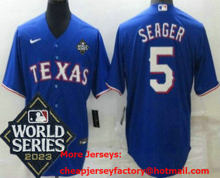 Men's Texas Rangers #5 Corey Seager Royal 2023 World Series Cool Base Jersey