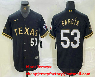 Men's Texas Rangers #53 Adolis Garcia Black Gold Cool Base Stitched Baseball Jersey