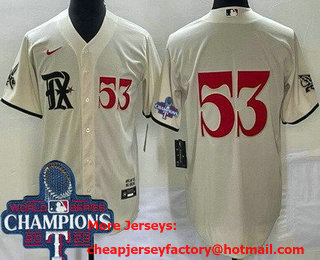 Men's Texas Rangers #53 Adolis Garcia Cream City Player Number 2023 World Series Champions Cool Base Jersey