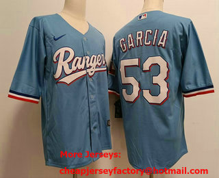 Men's Texas Rangers #53 Adolis Garcia Light Blue Team Logo Cool Base Jersey