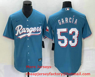 Men's Texas Rangers #53 Adolis Garcia Light Blue With Patch Cool Base Stitched Baseball Jersey