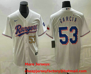 Men's Texas Rangers #53 Adolis Garcia Number White Team Logo Cool Base Jersey 01